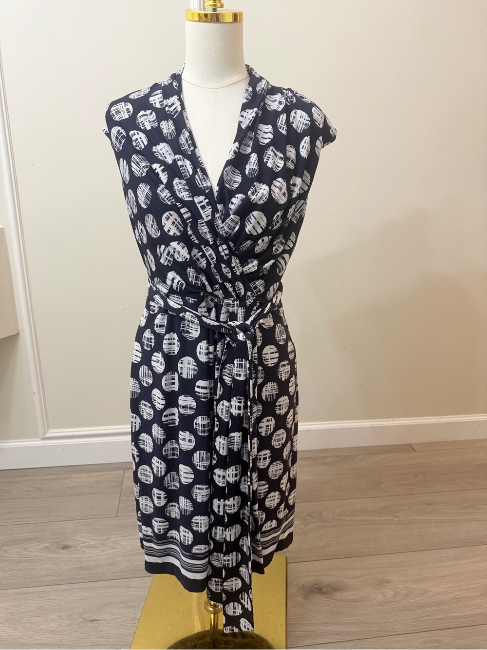 Eliza J Navy and White Wrap Midi Dress with Geometric Polka Dot Medallions - Picture 2 of 7